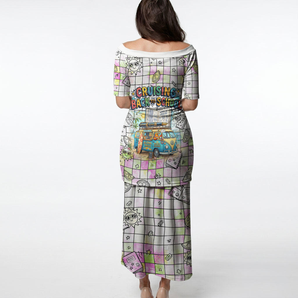Hawaii Cruising Back To School Puletasi Grid Pattern With School Bag And Vintage Surf Van TS04 - Polynesian Pride