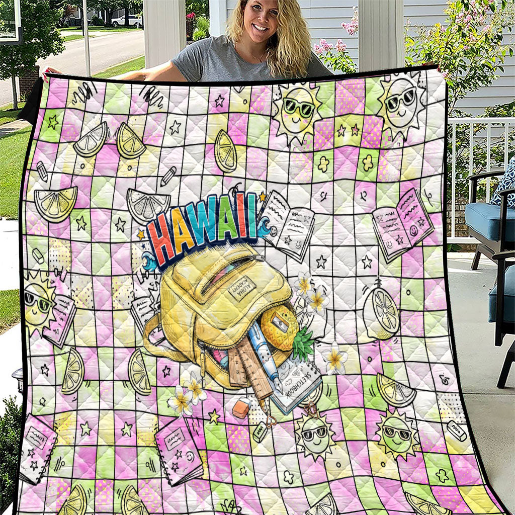Hawaii Cruising Back To School Quilt Grid Pattern With School Bag And Vintage Surf Van TS04 White Yellow - Polynesian Pride