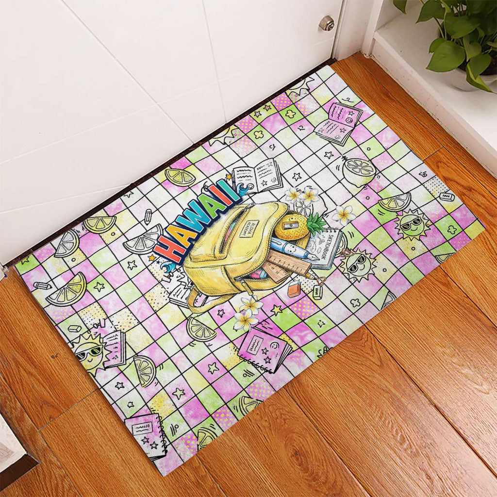 Hawaii Cruising Back To School Rubber Doormat Grid Pattern With School Bag And Vintage Surf Van TS04 - Polynesian Pride