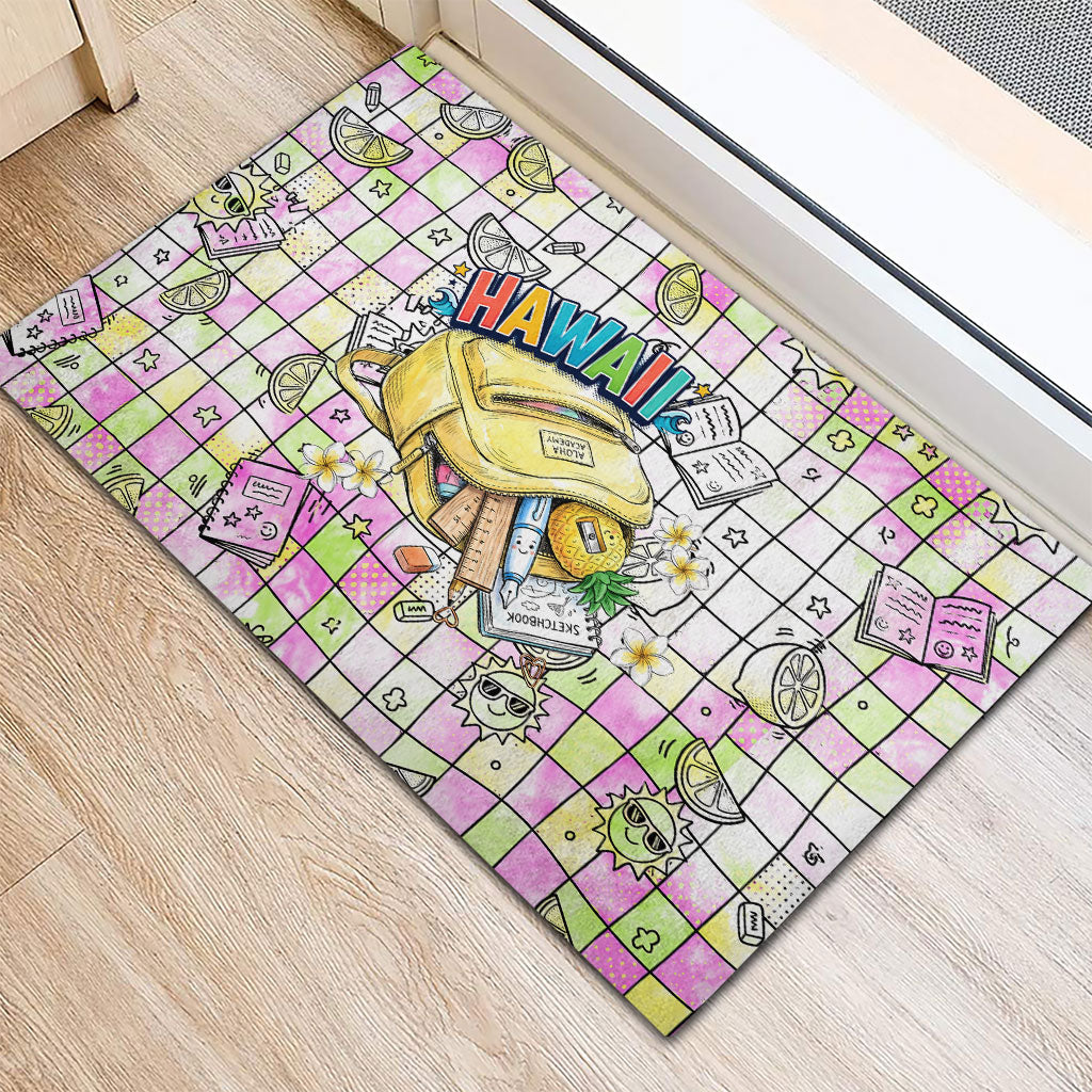 Hawaii Cruising Back To School Rubber Doormat Grid Pattern With School Bag And Vintage Surf Van TS04 - Polynesian Pride