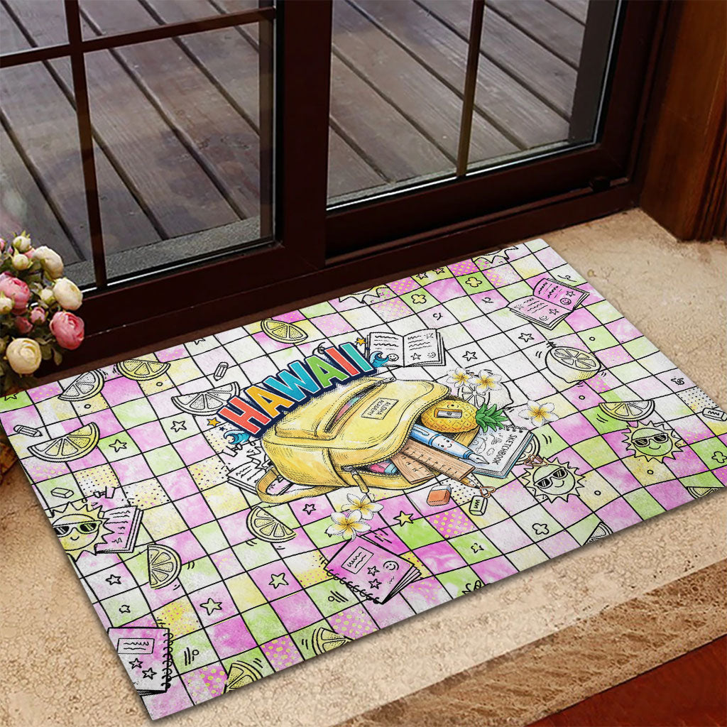 Hawaii Cruising Back To School Rubber Doormat Grid Pattern With School Bag And Vintage Surf Van TS04 - Polynesian Pride