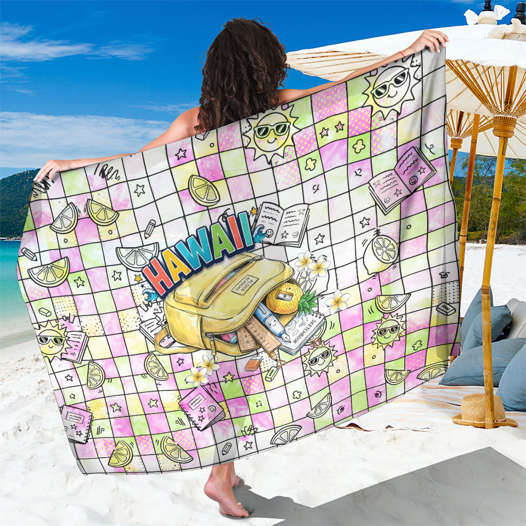 Hawaii Cruising Back To School Sarong Grid Pattern With School Bag And Vintage Surf Van TS04 One Size 44 x 66 inches White Yellow - Polynesian Pride