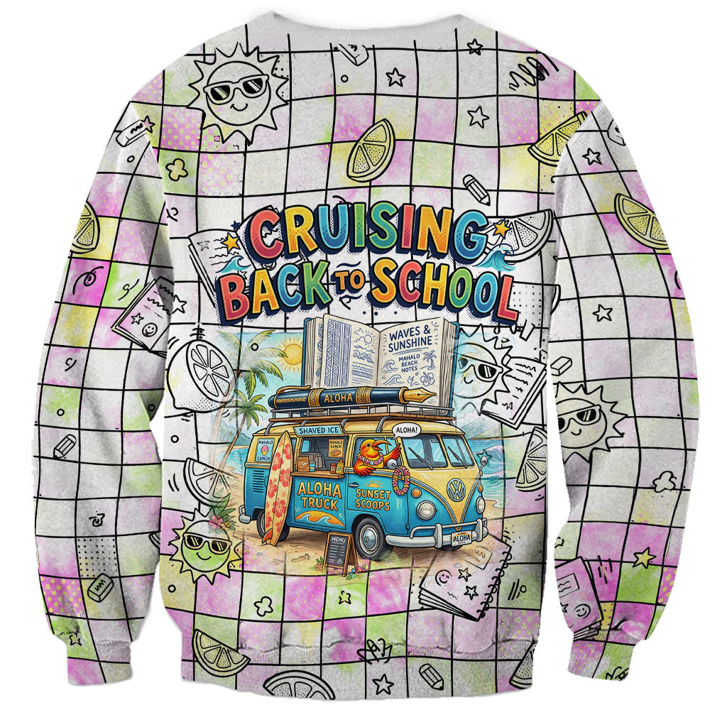 Hawaii Cruising Back To School Sweatshirt Grid Pattern With School Bag And Vintage Surf Van TS04 - Polynesian Pride