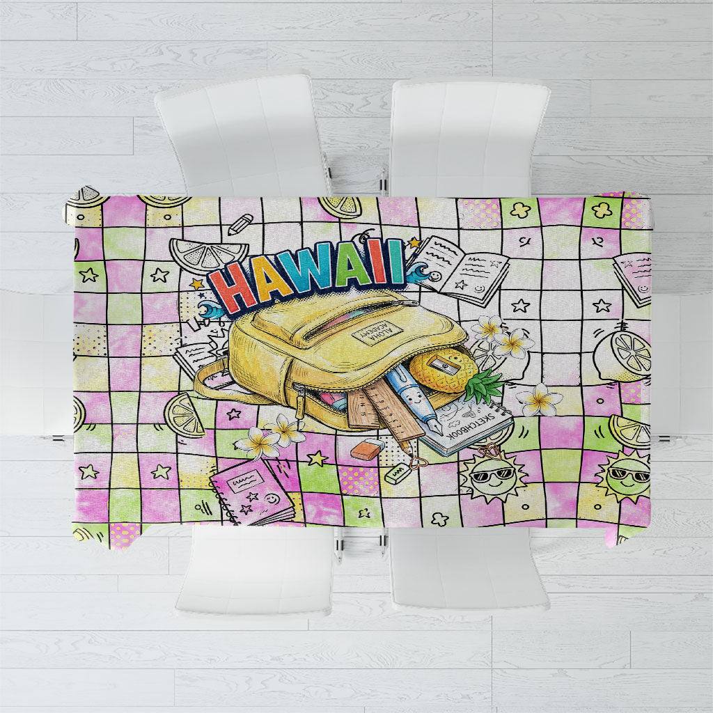 Hawaii Cruising Back To School Tablecloth Grid Pattern With School Bag And Vintage Surf Van TS04 White Yellow - Polynesian Pride