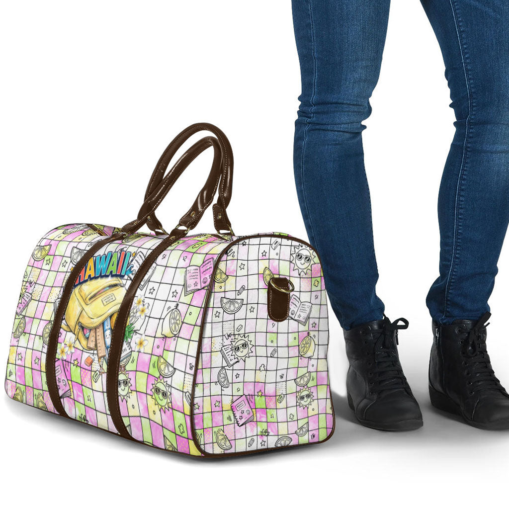 Hawaii Cruising Back To School Travel Bag Grid Pattern With School Bag And Vintage Surf Van TS04 - Polynesian Pride