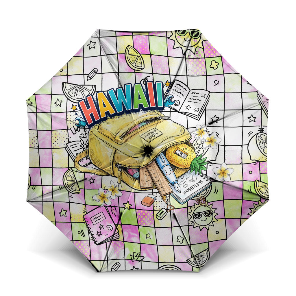 Hawaii Cruising Back To School Umbrella Grid Pattern With School Bag And Vintage Surf Van TS04 One Size Folded 11.42 inch Opened Diameter 37.4 inch White Yellow - Polynesian Pride