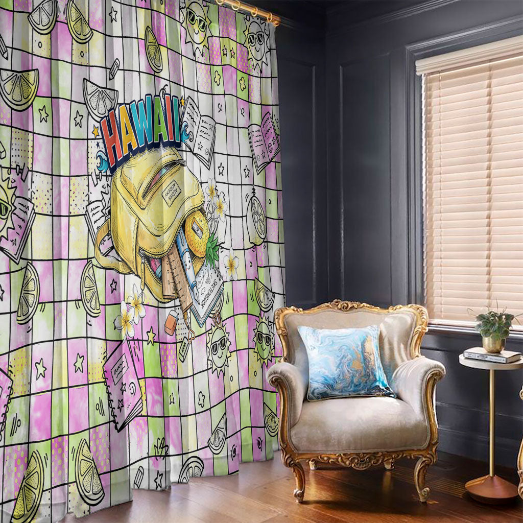 Hawaii Cruising Back To School Window Curtain Grid Pattern With School Bag And Vintage Surf Van TS04 - Polynesian Pride