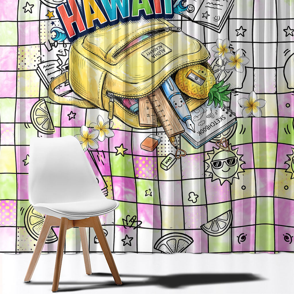 Hawaii Cruising Back To School Window Curtain Grid Pattern With School Bag And Vintage Surf Van TS04 - Polynesian Pride