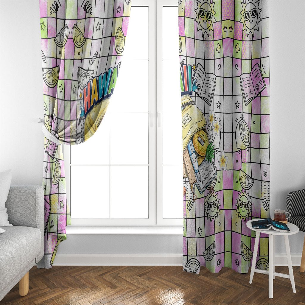 Hawaii Cruising Back To School Window Curtain Grid Pattern With School Bag And Vintage Surf Van TS04 - Polynesian Pride