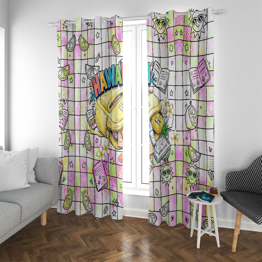 Hawaii Cruising Back To School Window Curtain Grid Pattern With School Bag And Vintage Surf Van TS04 With Grommets White Yellow - Polynesian Pride