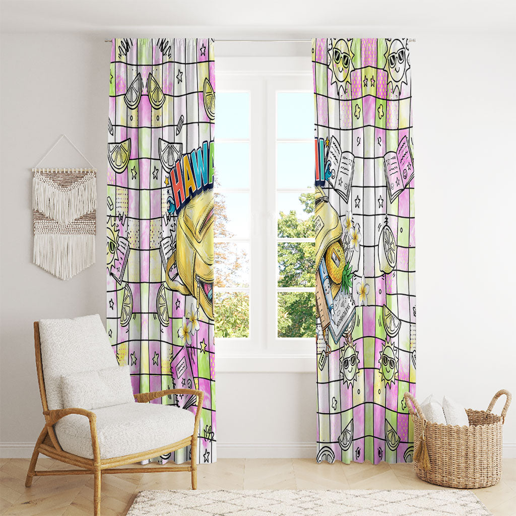 Hawaii Cruising Back To School Window Curtain Grid Pattern With School Bag And Vintage Surf Van TS04 - Polynesian Pride