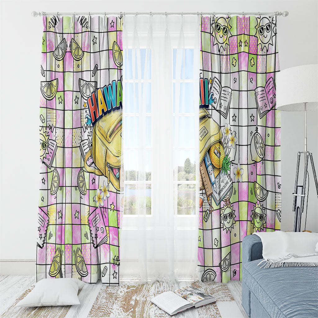 Hawaii Cruising Back To School Window Curtain Grid Pattern With School Bag And Vintage Surf Van TS04 - Polynesian Pride