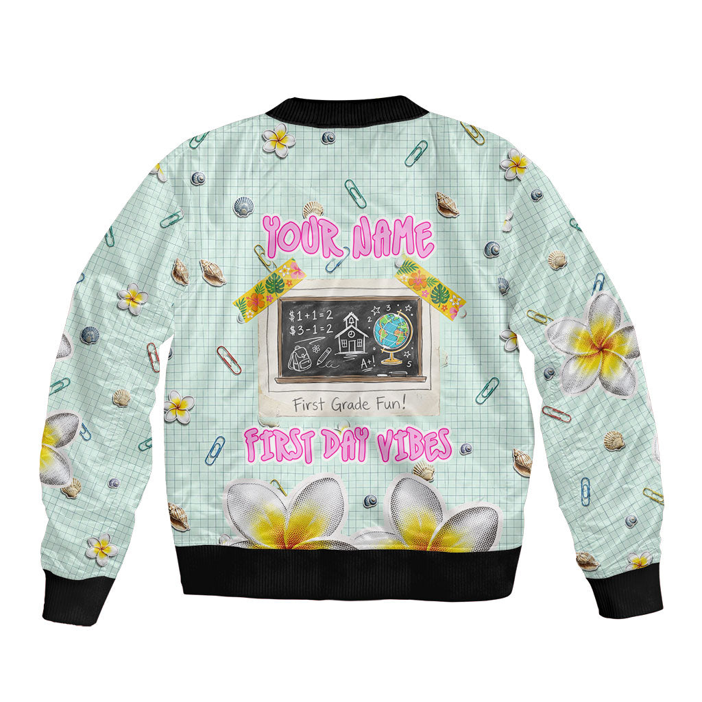 Personalized Hawaii Back To School Dolphin Bomber Jacket Grid Notebook Background With Dolphin Mascot And Plumeria Flowers TS04 - Polynesian Pride