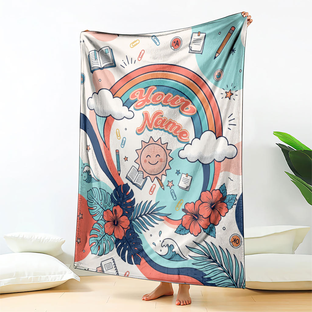 Personalized Hawaii Back To School Blanket Retro Rainbow Sun with Tropical Hibiscus Flowers TS04 - Polynesian Pride