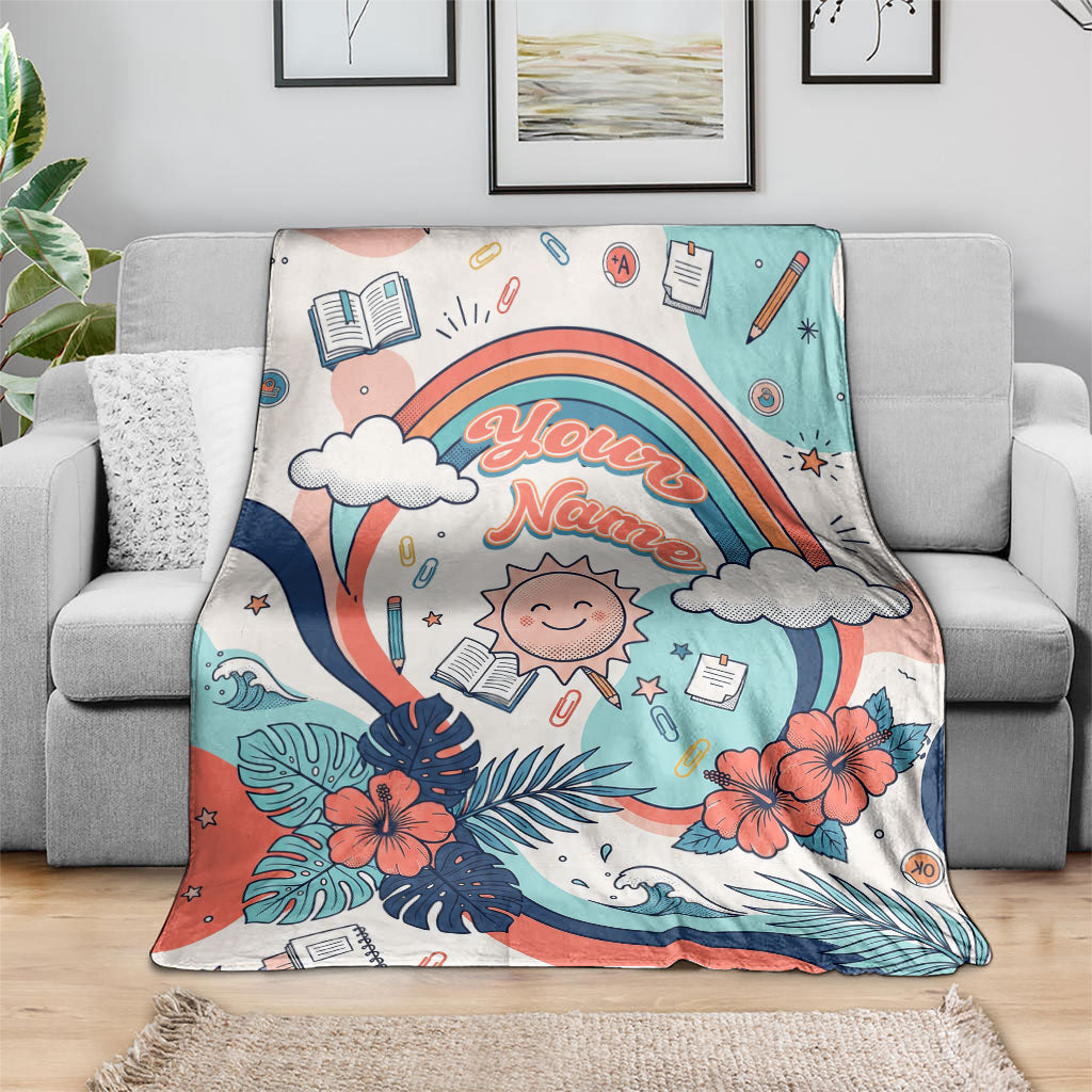 Personalized Hawaii Back To School Blanket Retro Rainbow Sun with Tropical Hibiscus Flowers TS04 - Polynesian Pride