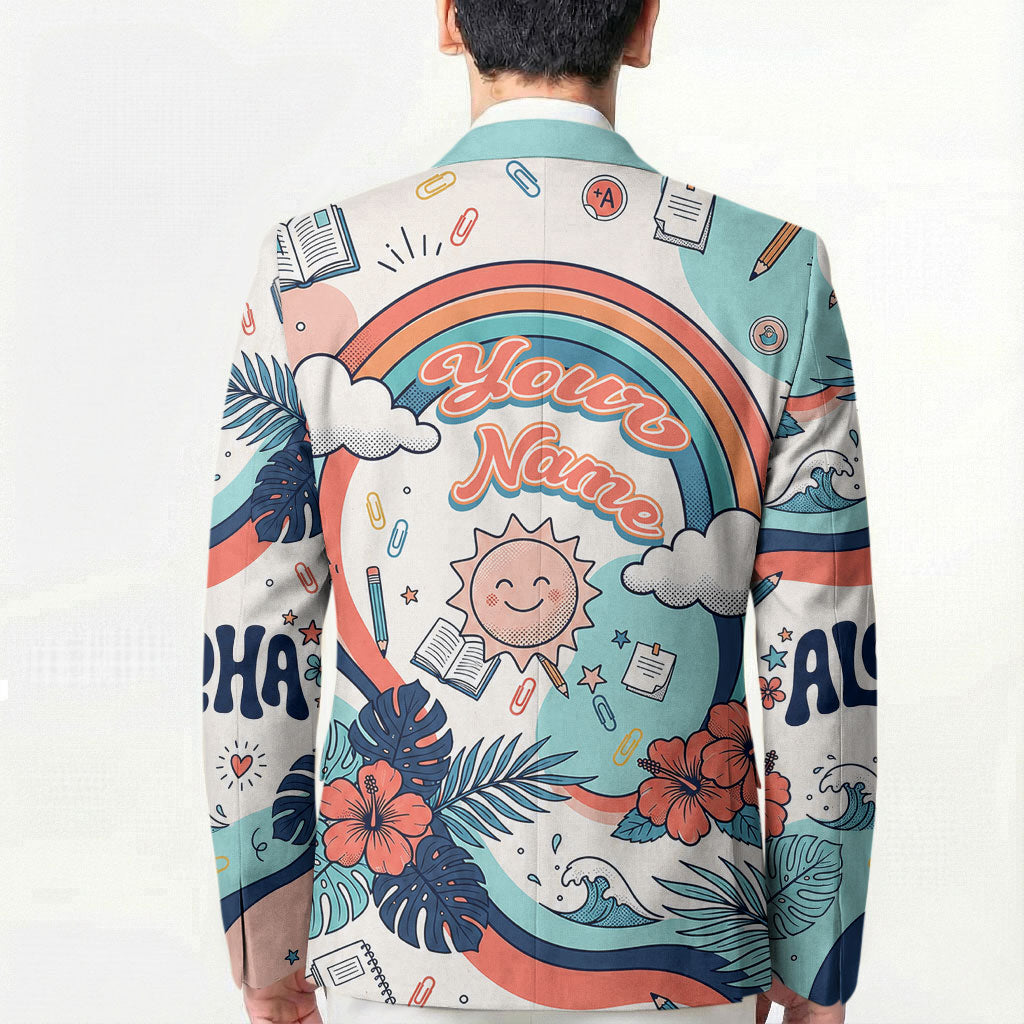 Personalized Hawaii Back To School Blazer Retro Rainbow Sun with Tropical Hibiscus Flowers TS04 - Polynesian Pride