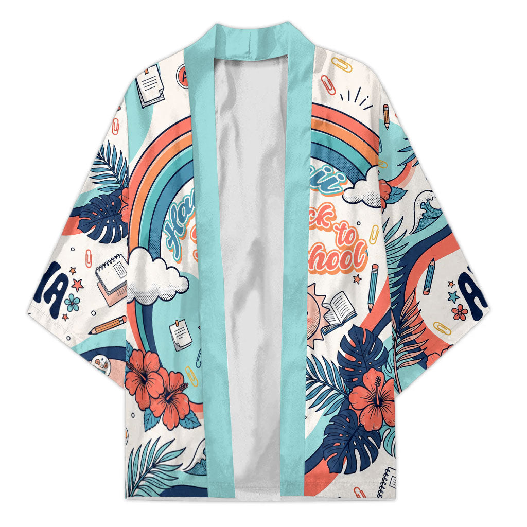 Personalized Hawaii Back To School Kimono Retro Rainbow Sun with Tropical Hibiscus Flowers TS04 Unisex White Blue - Polynesian Pride