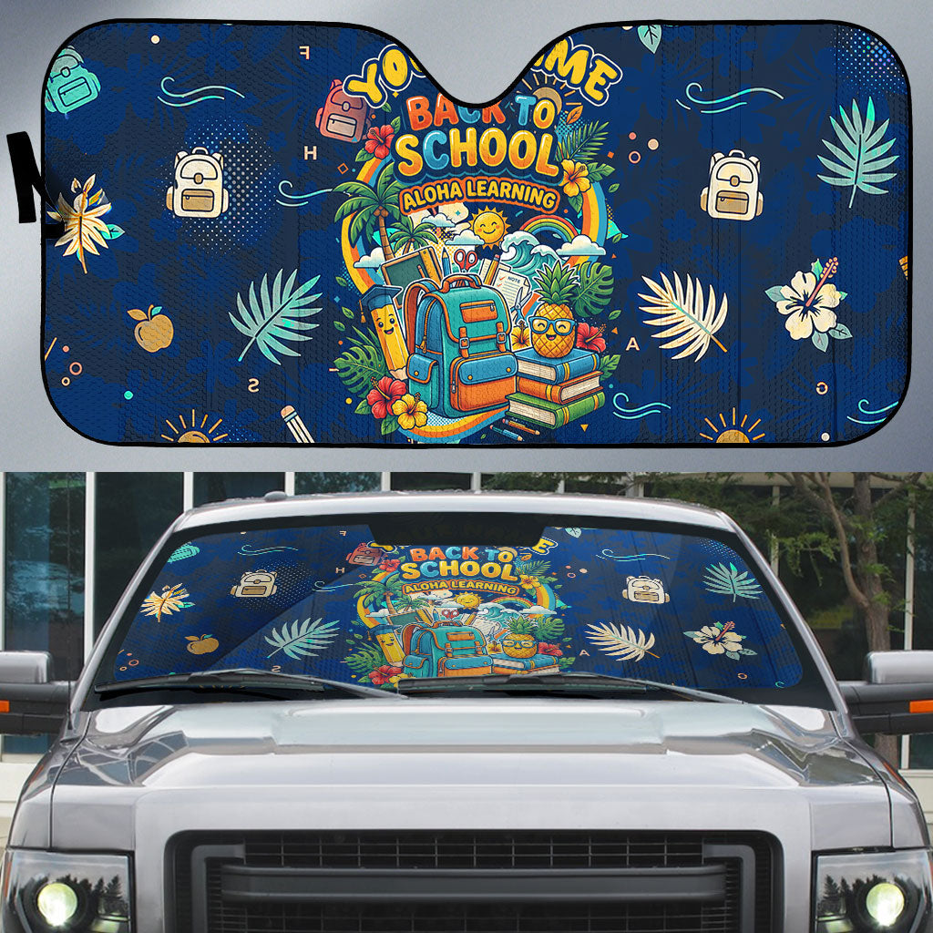 Personalized Hawaii Back To School Aloha Learning Auto Sun Shade Retro Rainbow open Notebook with Pineapple and Hibiscus Flowers TS04 Blue - Polynesian Pride