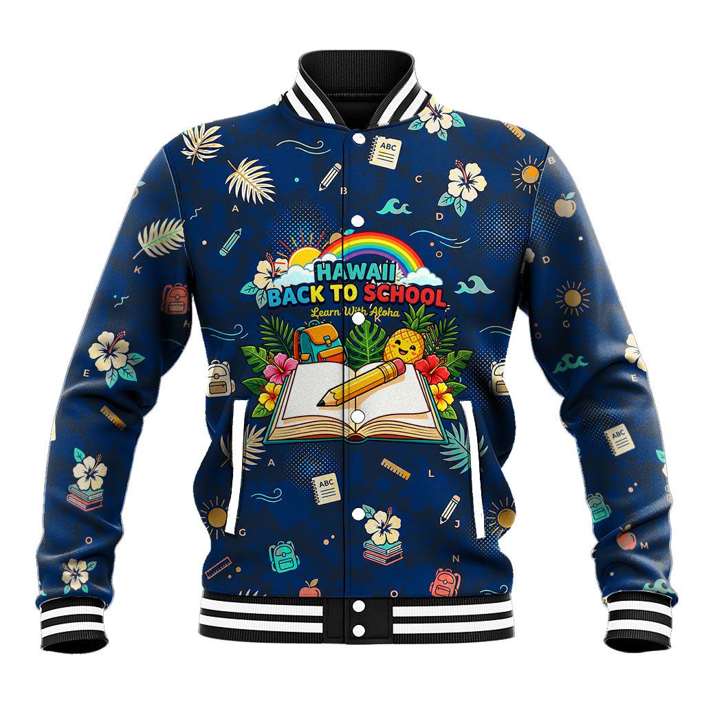 Personalized Hawaii Back To School Aloha Learning Baseball Jacket Retro Rainbow open Notebook with Pineapple and Hibiscus Flowers TS04 Unisex Blue - Polynesian Pride
