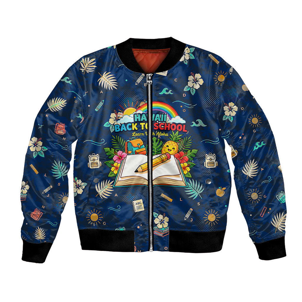 Personalized Hawaii Back To School Aloha Learning Bomber Jacket Retro Rainbow open Notebook with Pineapple and Hibiscus Flowers TS04 Unisex Blue - Polynesian Pride