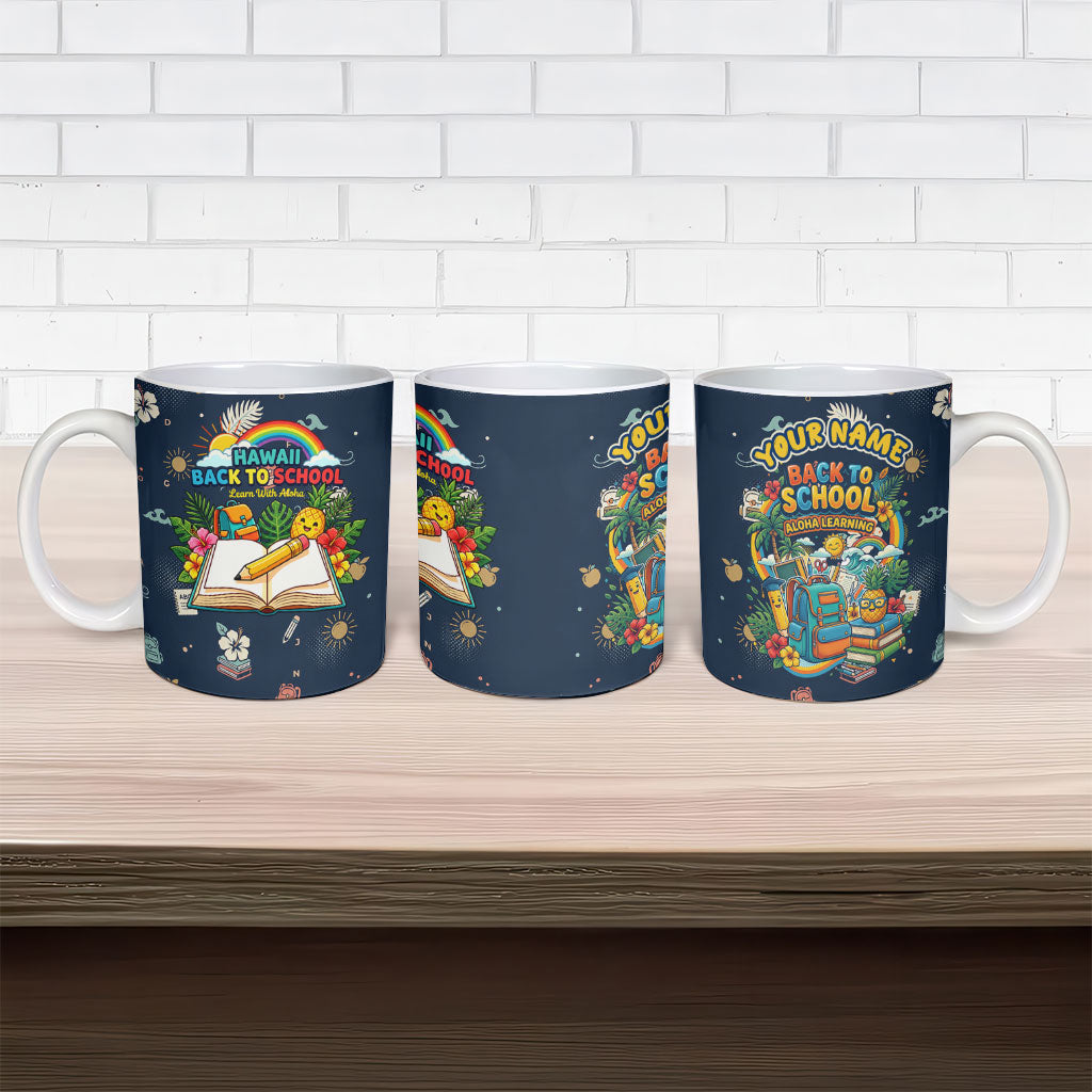 Personalized Hawaii Back To School Aloha Learning Ceramic Mug Retro Rainbow open Notebook with Pineapple and Hibiscus Flowers TS04 - Polynesian Pride