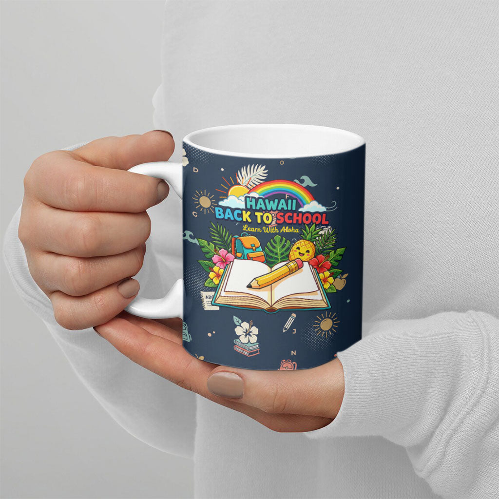 Personalized Hawaii Back To School Aloha Learning Ceramic Mug Retro Rainbow open Notebook with Pineapple and Hibiscus Flowers TS04 - Polynesian Pride