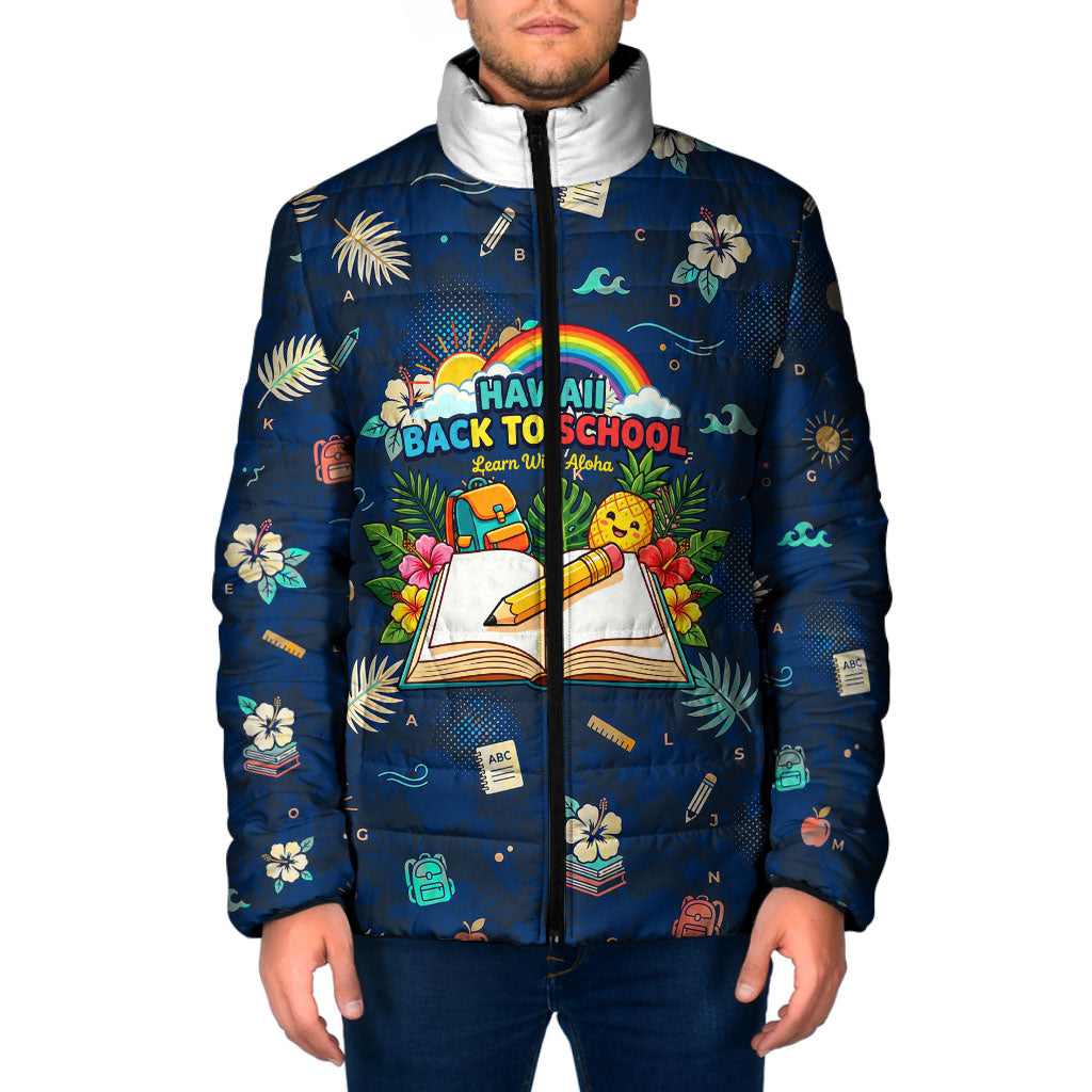 Personalized Hawaii Back To School Aloha Learning Padded Jacket Retro Rainbow open Notebook with Pineapple and Hibiscus Flowers TS04 Men Blue - Polynesian Pride