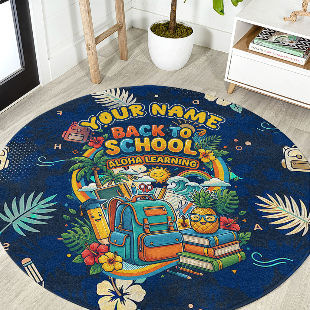 Personalized Hawaii Back To School Aloha Learning Round Carpet Retro Rainbow open Notebook with Pineapple and Hibiscus Flowers TS04 Blue - Polynesian Pride