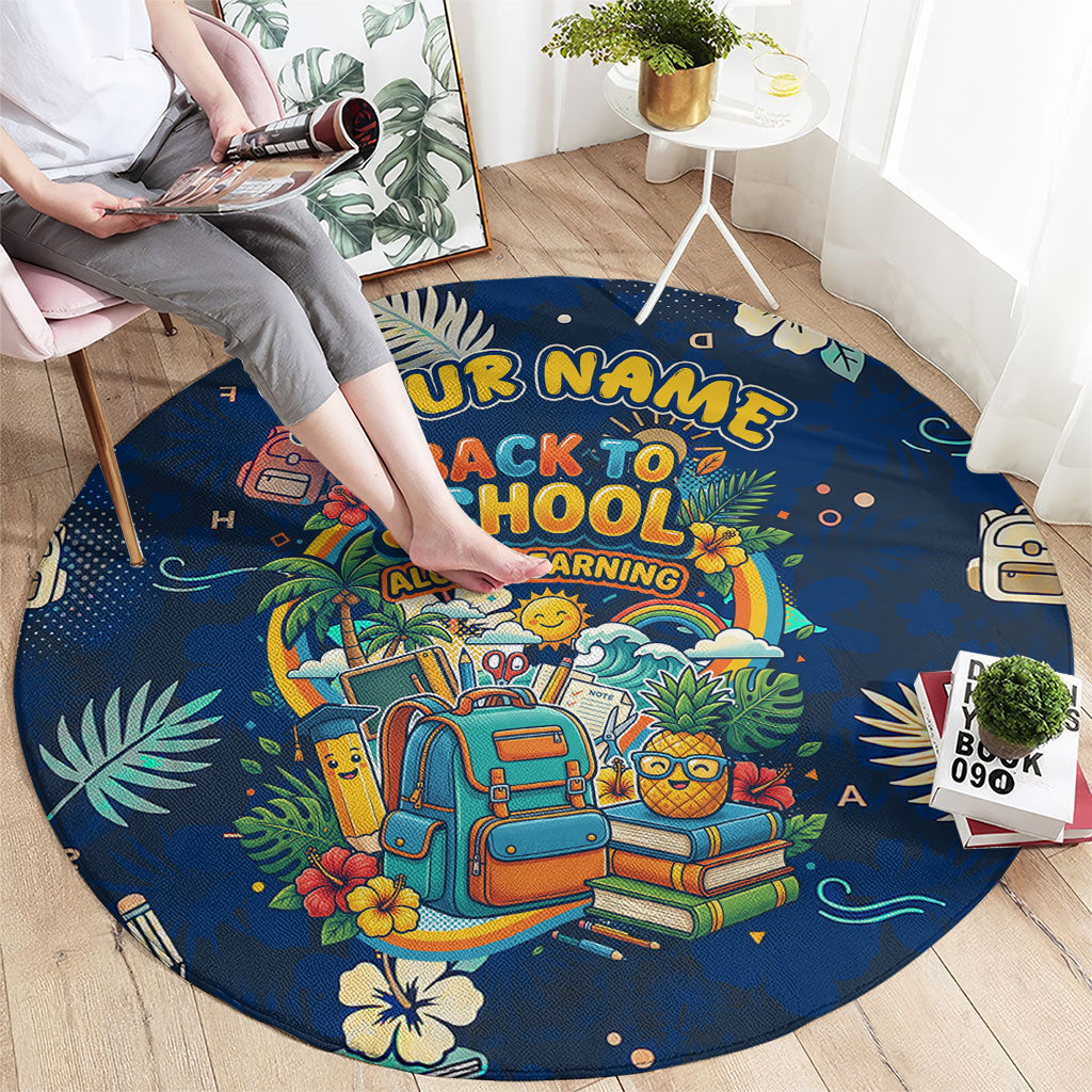 Personalized Hawaii Back To School Aloha Learning Round Carpet Retro Rainbow open Notebook with Pineapple and Hibiscus Flowers TS04 - Polynesian Pride