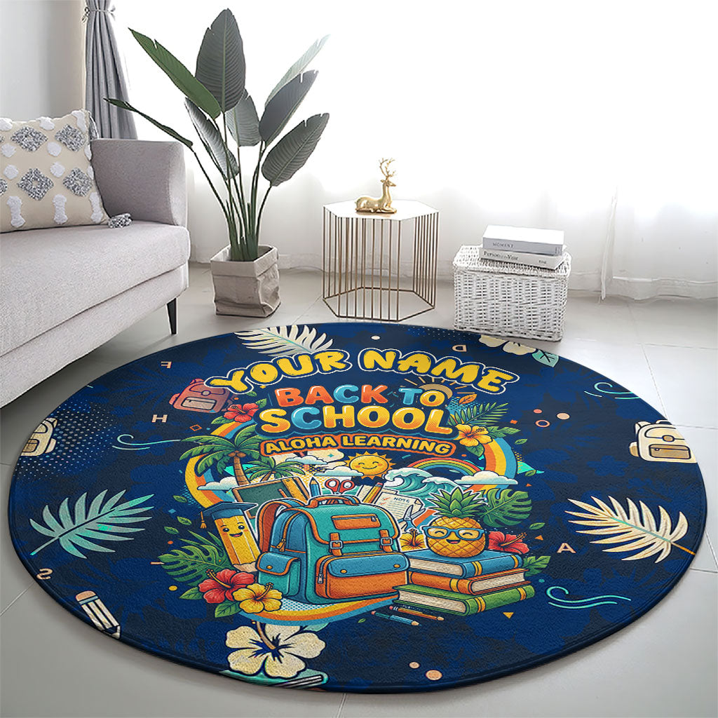 Personalized Hawaii Back To School Aloha Learning Round Carpet Retro Rainbow open Notebook with Pineapple and Hibiscus Flowers TS04 - Polynesian Pride