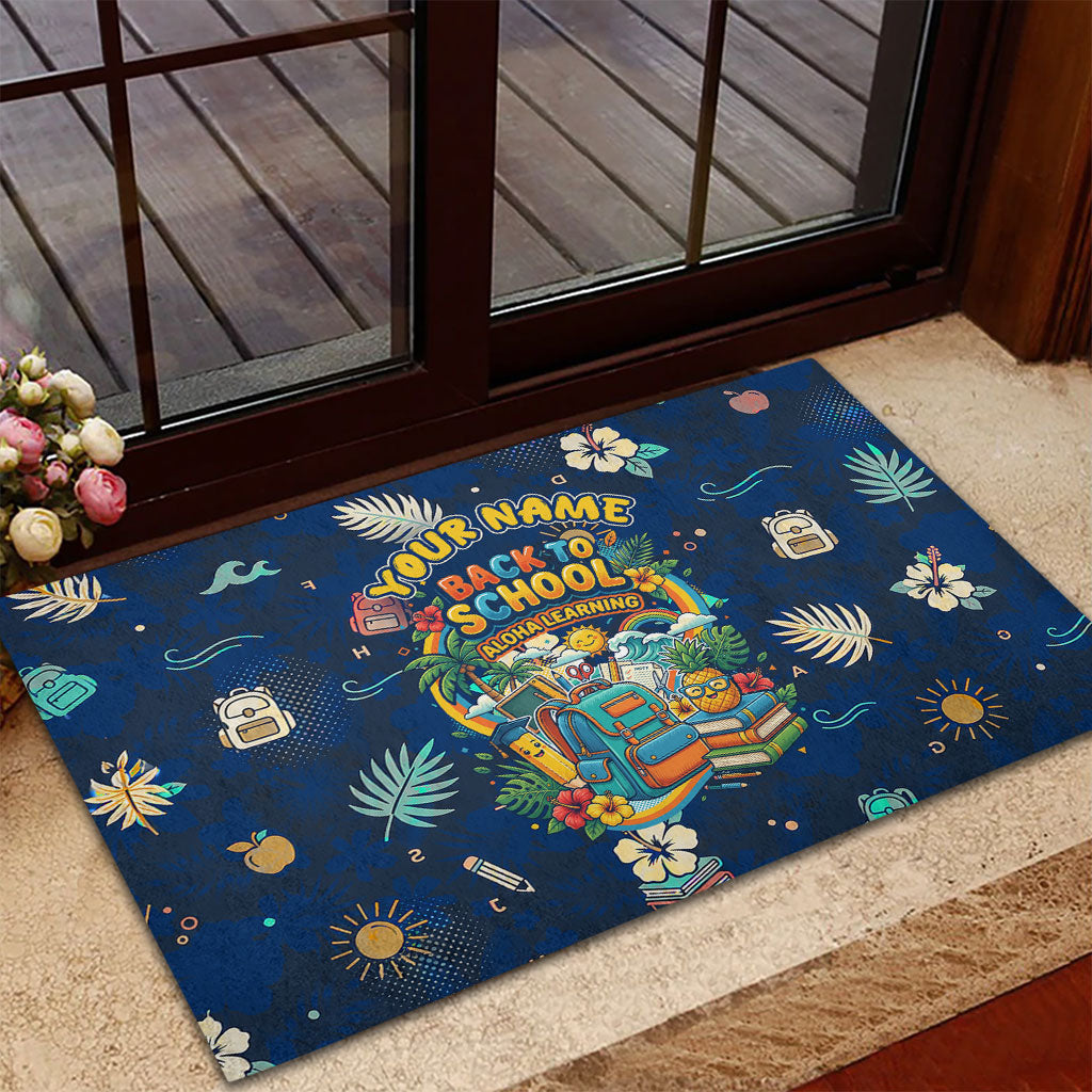 Personalized Hawaii Back To School Aloha Learning Rubber Doormat Retro Rainbow open Notebook with Pineapple and Hibiscus Flowers TS04 - Polynesian Pride