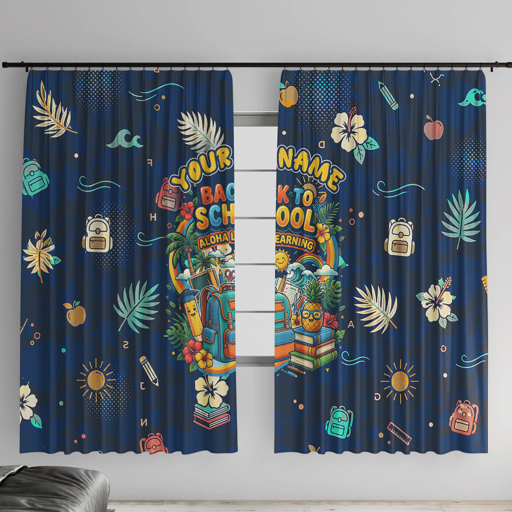 Personalized Hawaii Back To School Aloha Learning Window Curtain Retro Rainbow open Notebook with Pineapple and Hibiscus Flowers TS04 With Hooks Blue - Polynesian Pride