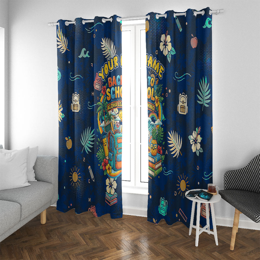 Personalized Hawaii Back To School Aloha Learning Window Curtain Retro Rainbow open Notebook with Pineapple and Hibiscus Flowers TS04 With Grommets Blue - Polynesian Pride