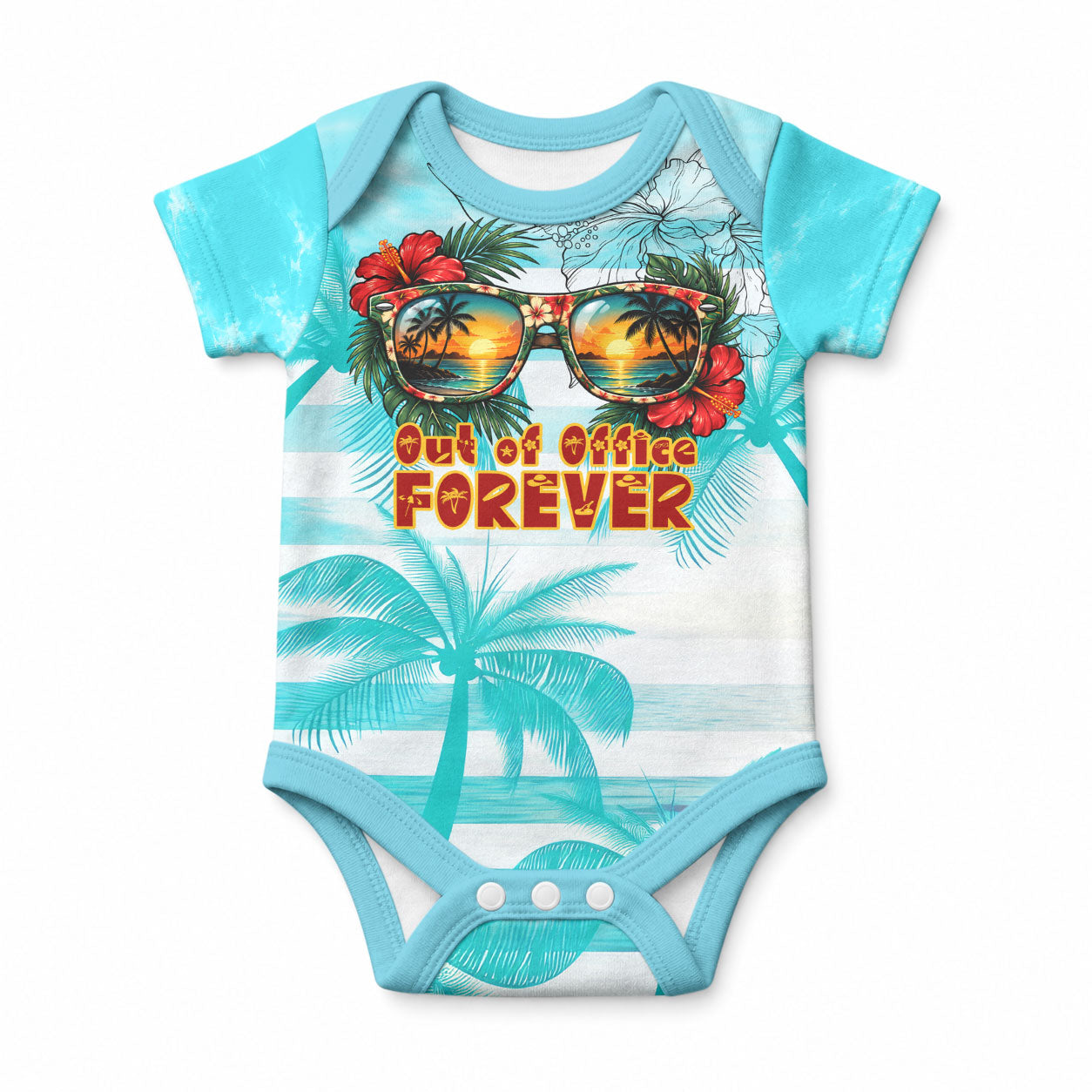 Out Of Office Retired Relocated Baby Onesie Tropical Island Hawaiian Beach Sunset Sunglasses Suitcase TS04 Blue White - Polynesian Pride