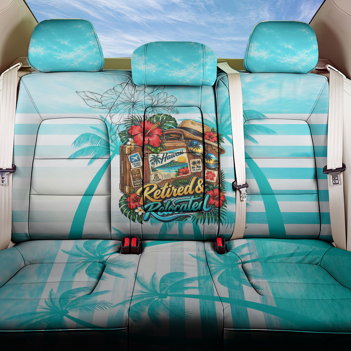 Out Of Office Retired Relocated Back Car Seat Cover Tropical Island Hawaiian Beach Sunset Sunglasses Suitcase TS04 One Size Blue White - Polynesian Pride