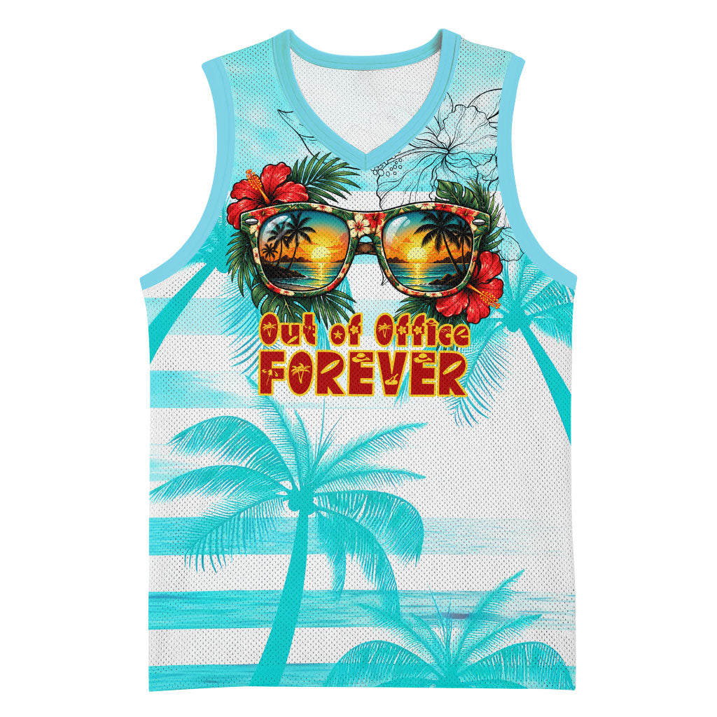 Out Of Office Retired Relocated Basketball Jersey Tropical Island Hawaiian Beach Sunset Sunglasses Suitcase TS04 Unisex Blue White - Polynesian Pride