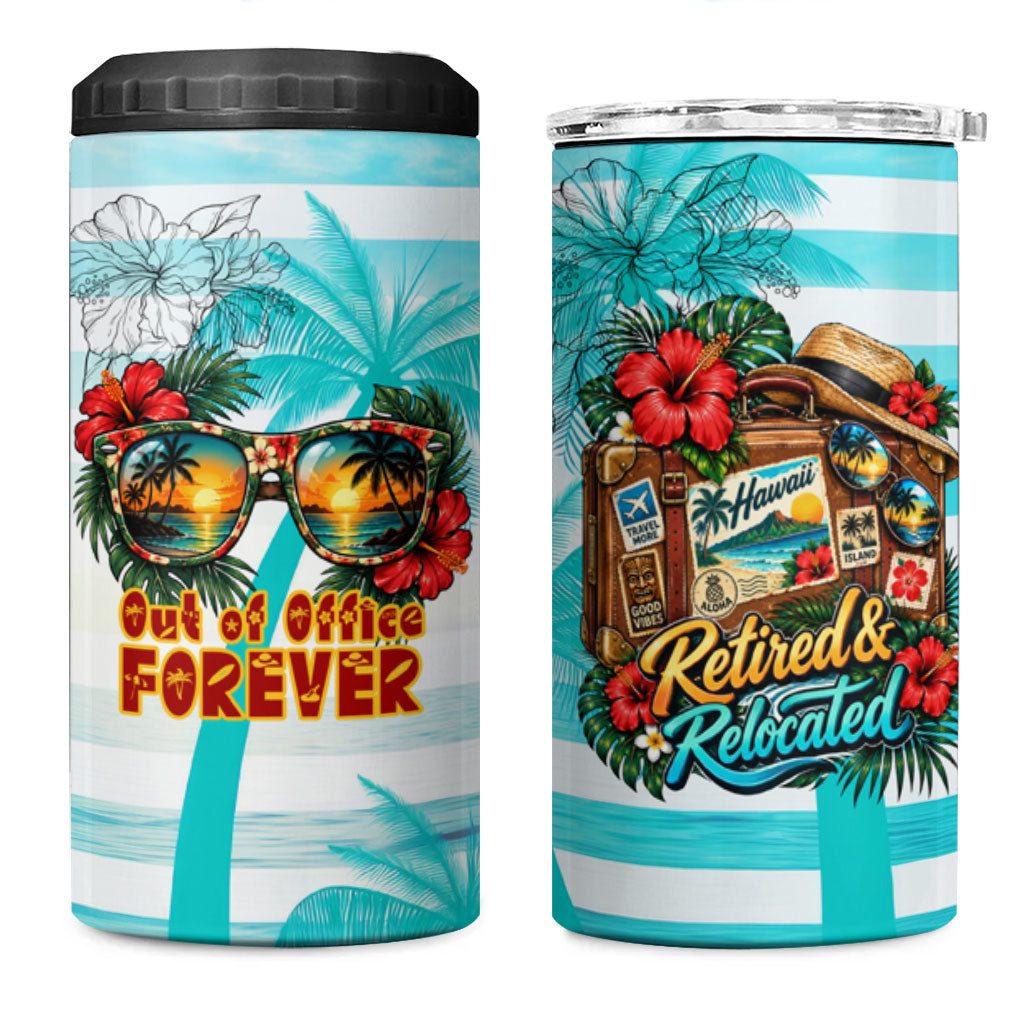 Out Of Office Retired Relocated 4 in 1 Can Cooler Tumbler Tropical Island Hawaiian Beach Sunset Sunglasses Suitcase TS04 One Size: 16 oz Blue White - Polynesian Pride