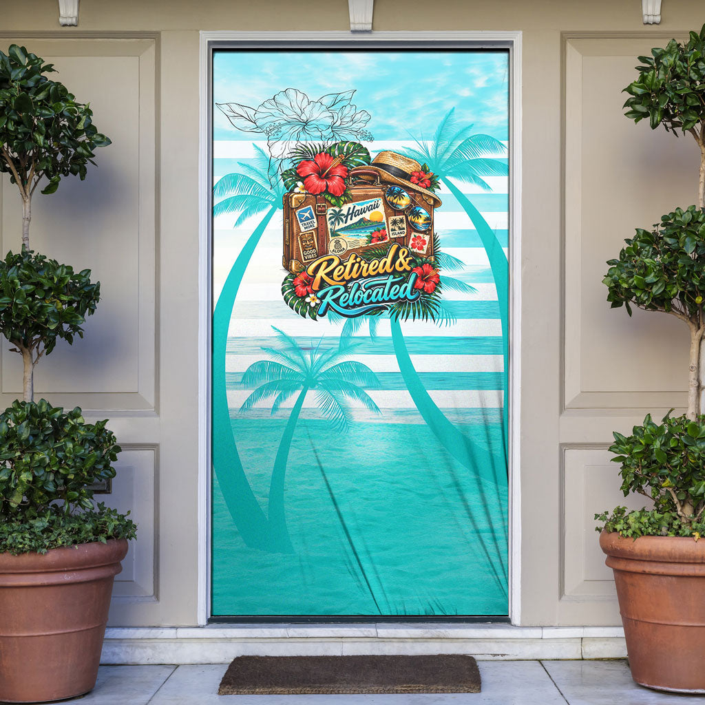 Out Of Office Retired Relocated Door Cover Tropical Island Hawaiian Beach Sunset Sunglasses Suitcase TS04 Blue White - Polynesian Pride