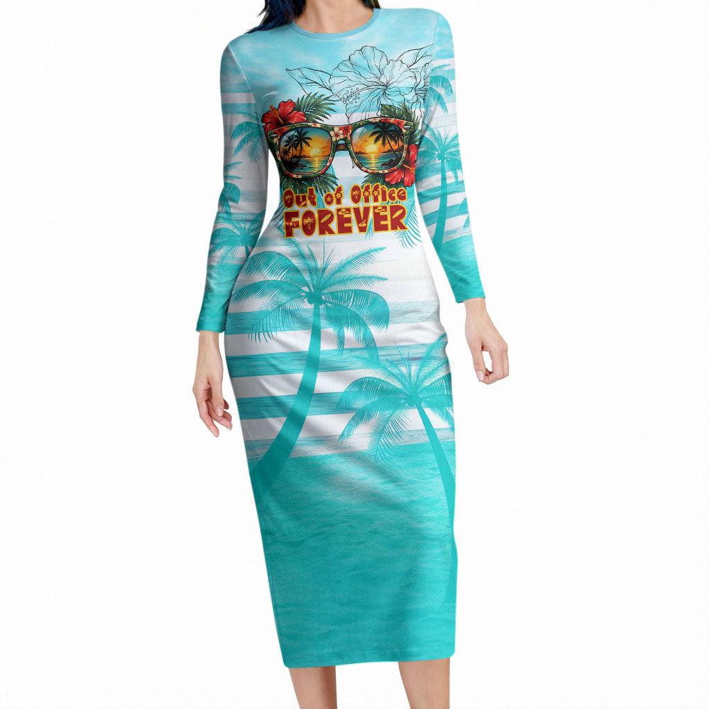Out Of Office Retired Relocated Long Sleeve Bodycon Dress Tropical Island Hawaiian Beach Sunset Sunglasses Suitcase TS04 Long Dress Blue White - Polynesian Pride