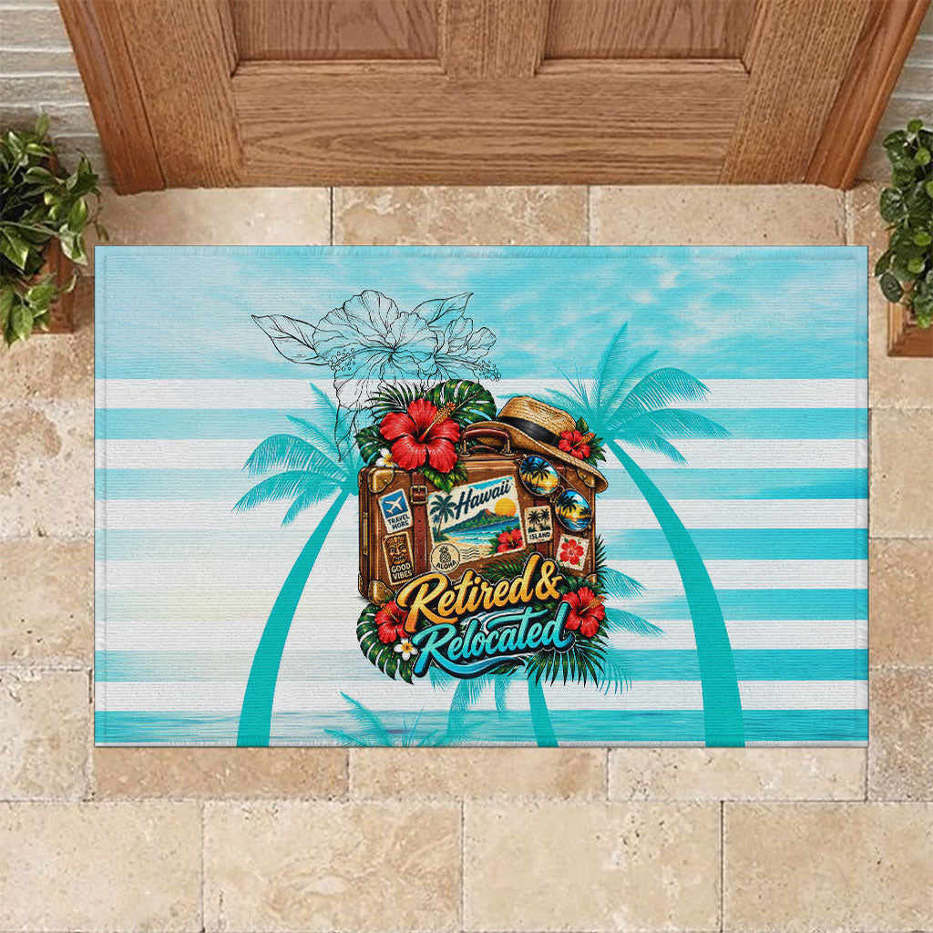 Out Of Office Retired Relocated Rubber Doormat Tropical Island Hawaiian Beach Sunset Sunglasses Suitcase TS04 Blue White - Polynesian Pride
