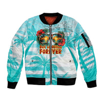 Out Of Office Retired Relocated Sleeve Zip Bomber Jacket Tropical Island Hawaiian Beach Sunset Sunglasses Suitcase TS04 Unisex Blue White - Polynesian Pride