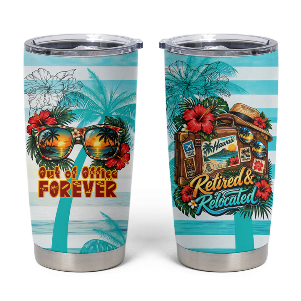 Out Of Office Retired Relocated Tumbler Cup Tropical Island Hawaiian Beach Sunset Sunglasses Suitcase TS04 Blue White - Polynesian Pride