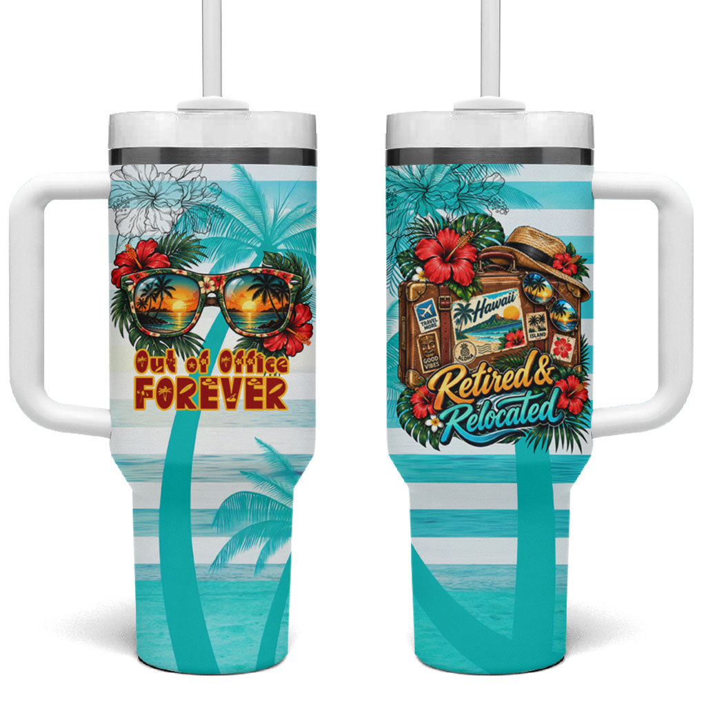 Out Of Office Retired Relocated Tumbler With Handle Tropical Island Hawaiian Beach Sunset Sunglasses Suitcase TS04 One Size: 40 oz Blue White - Polynesian Pride