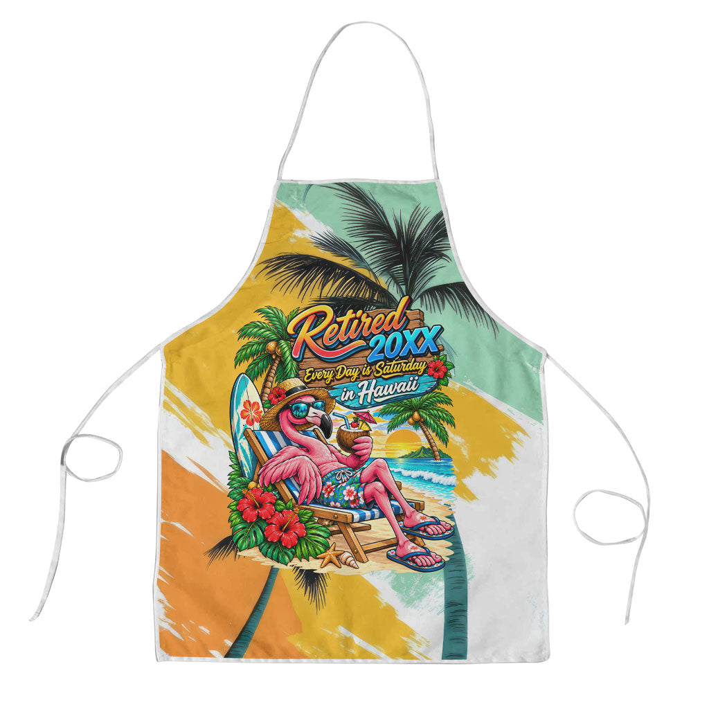 Hawaii Retirement Vacation Apron Tropical Sunset Beach Pink Flamingo Surfboard Palm Tree TS04 Yellow Green - Polynesian Pride