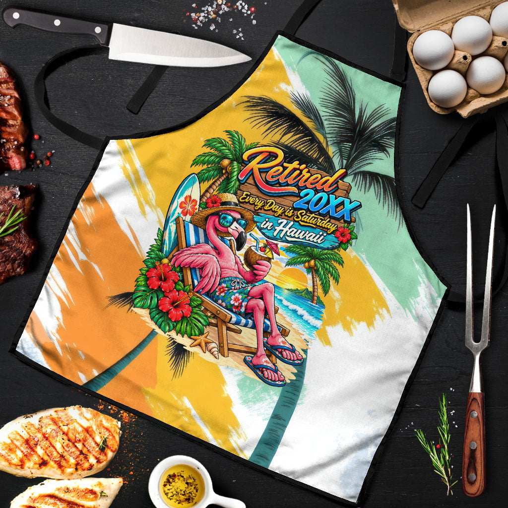 Hawaii Retirement Vacation Apron Tropical Sunset Beach Pink Flamingo Surfboard Palm Tree TS04 Yellow Green - Polynesian Pride