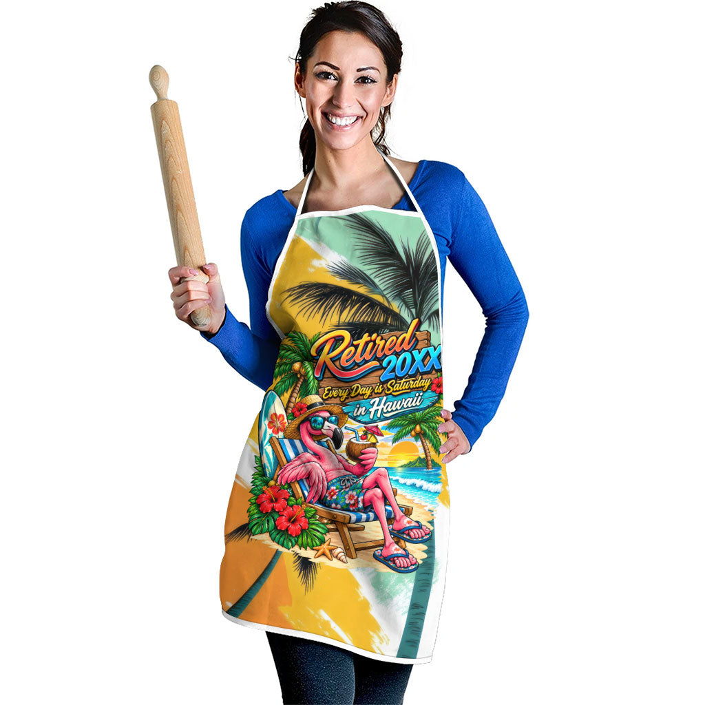 Hawaii Retirement Vacation Apron Tropical Sunset Beach Pink Flamingo Surfboard Palm Tree TS04 - Polynesian Pride