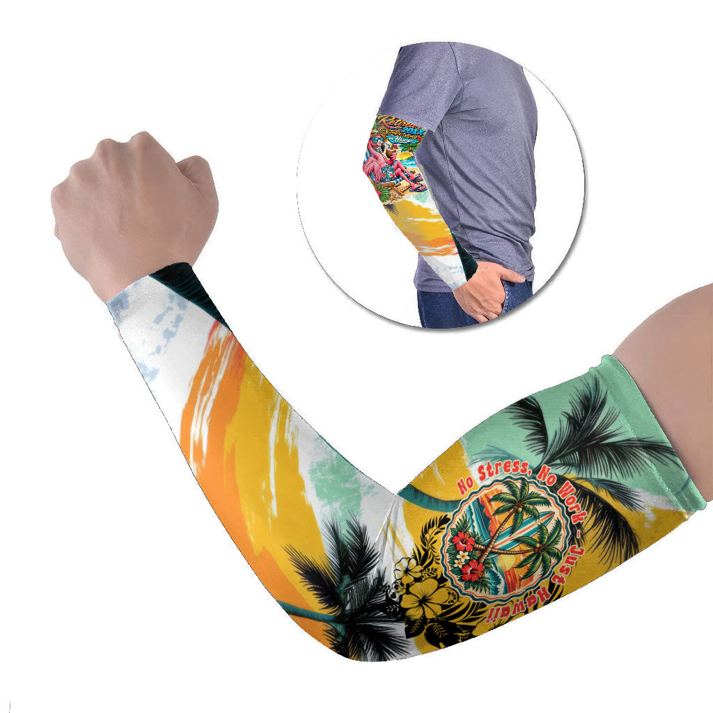 Hawaii Retirement Vacation Arm Sleeves Tropical Sunset Beach Pink Flamingo Surfboard Palm Tree TS04 Set of 2 Yellow Green - Polynesian Pride