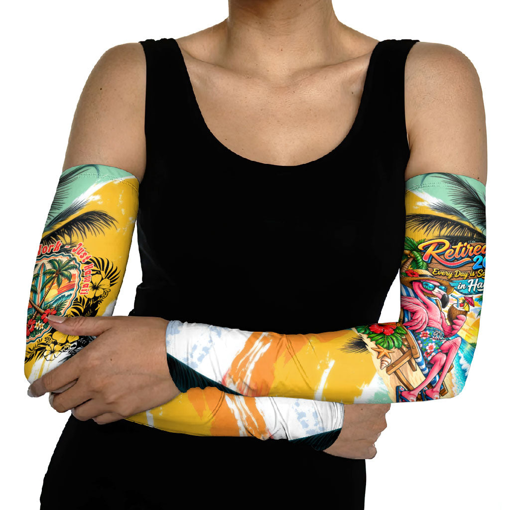 Hawaii Retirement Vacation Arm Sleeves Tropical Sunset Beach Pink Flamingo Surfboard Palm Tree TS04 - Polynesian Pride