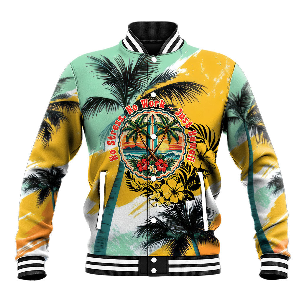 Hawaii Retirement Vacation Baseball Jacket Tropical Sunset Beach Pink Flamingo Surfboard Palm Tree TS04 Unisex Yellow Green - Polynesian Pride