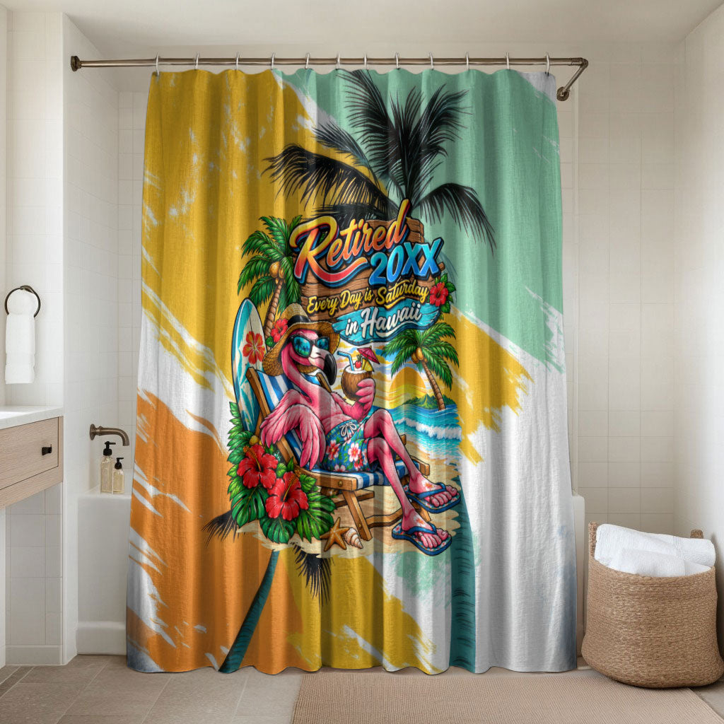 Hawaii Retirement Vacation Bathroom Set Tropical Sunset Beach Pink Flamingo Surfboard Palm Tree TS04 Shower Curtain Only Yellow Green - Polynesian Pride
